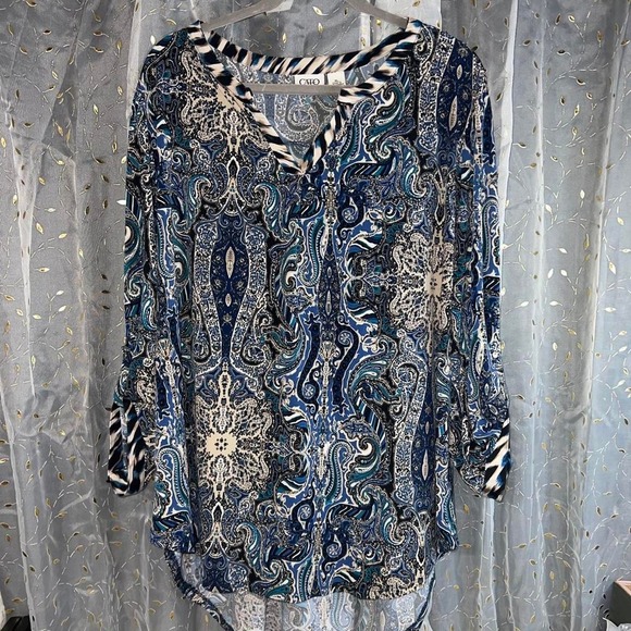 Cato Tops - Cato Blue White Paisley Print Blouse Striped Trim Boho V-Neck Top XL